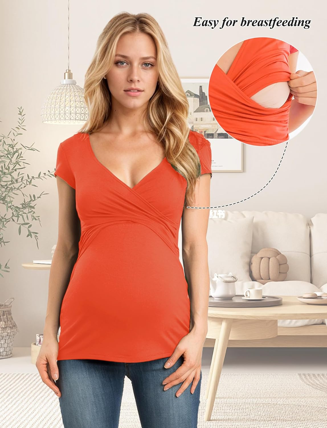 SEAUR V Neck Nursing Tops for Breastfeeding Short Sleeve Maternity Work Clothes Summer plus Size Friendly Pregnancy Tunic Tee image number 2