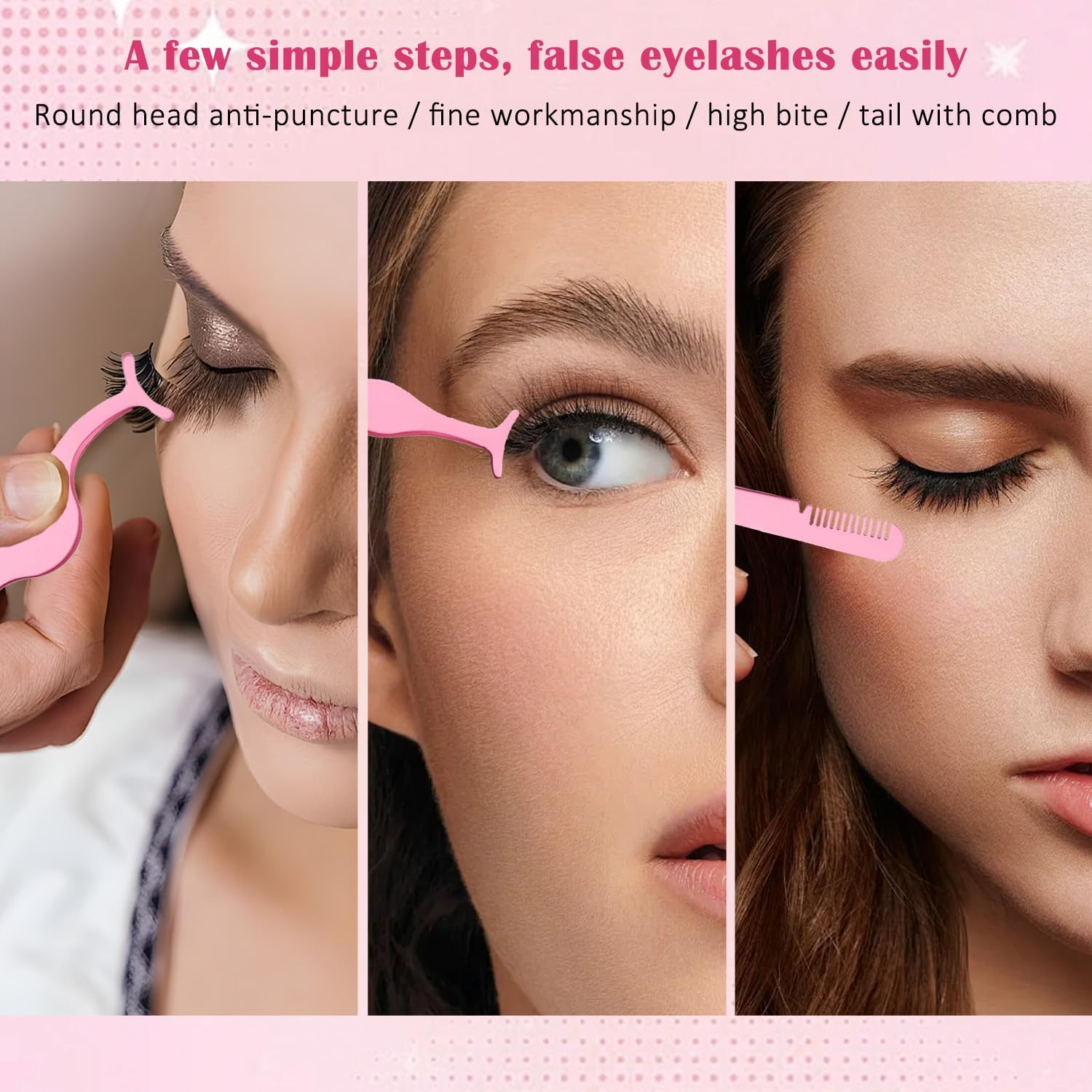 TORMEN Eyelash Tweezers Set 3 Pcs Stainless Steel Lash Applicator Tool Kit for Women False Curved Straight and Comb Tweezers for Eyebrow Trimming Makeup Beauty Care (Pink) - Pink image number 3