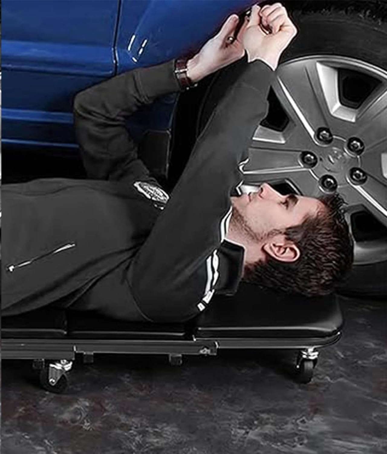 36 Inches 2 in 1 Z Creeper Seat 300 Lbs Capacity Garage Chair Adjustable Rolling Folding Car Creeper with 6 Pcs Wheels, Black, Modern Style image number 4