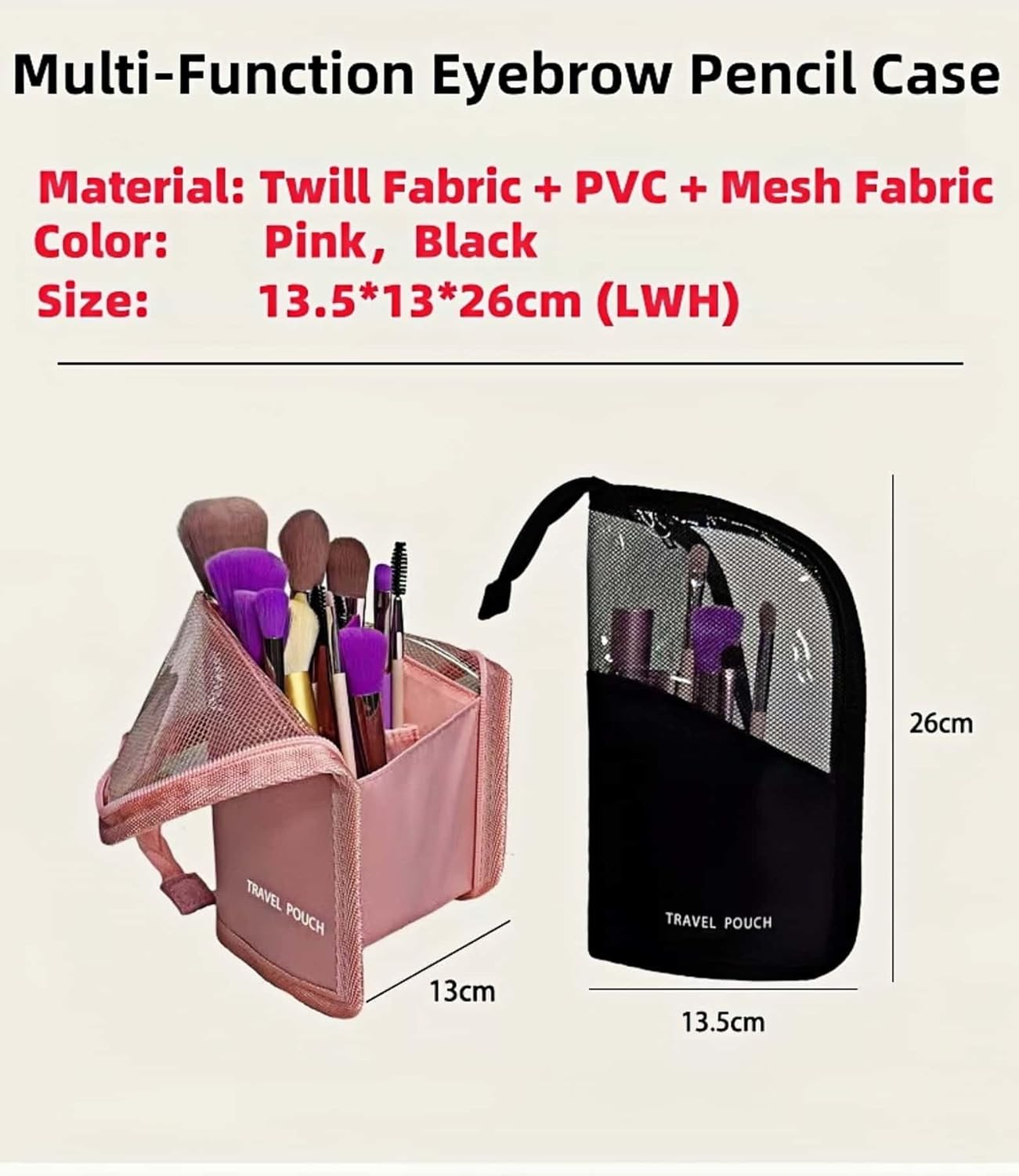 Makeup Brush Holder Travel, Mesh Cosmetic Organizer Bag with Zipper (Black) - Black image number 2