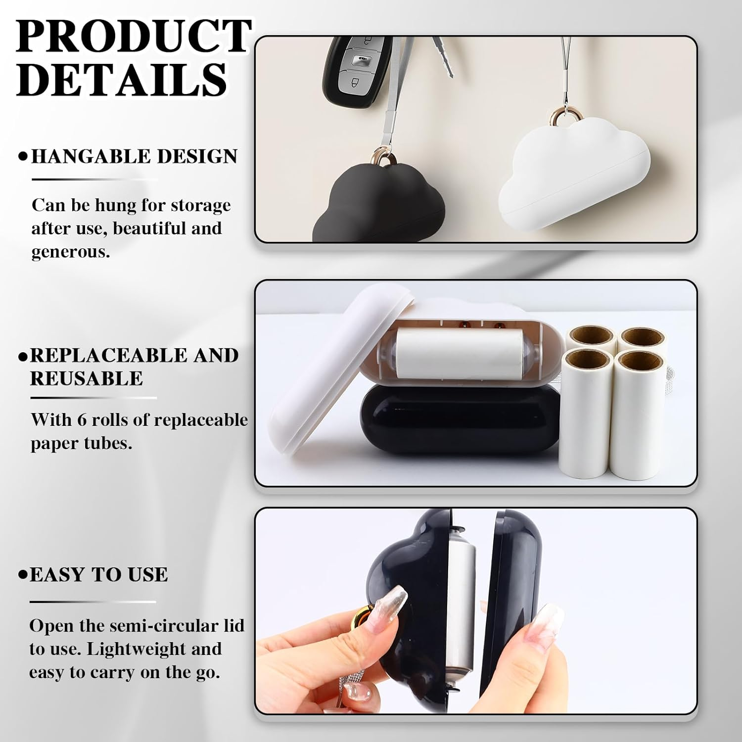 2 Pack Travel Portable Lint Roller with Hand Strap, Reusable Mini Lint Rollers with 6 Refill, Lint Remover for Clothes Bag (Black+White) image number 1