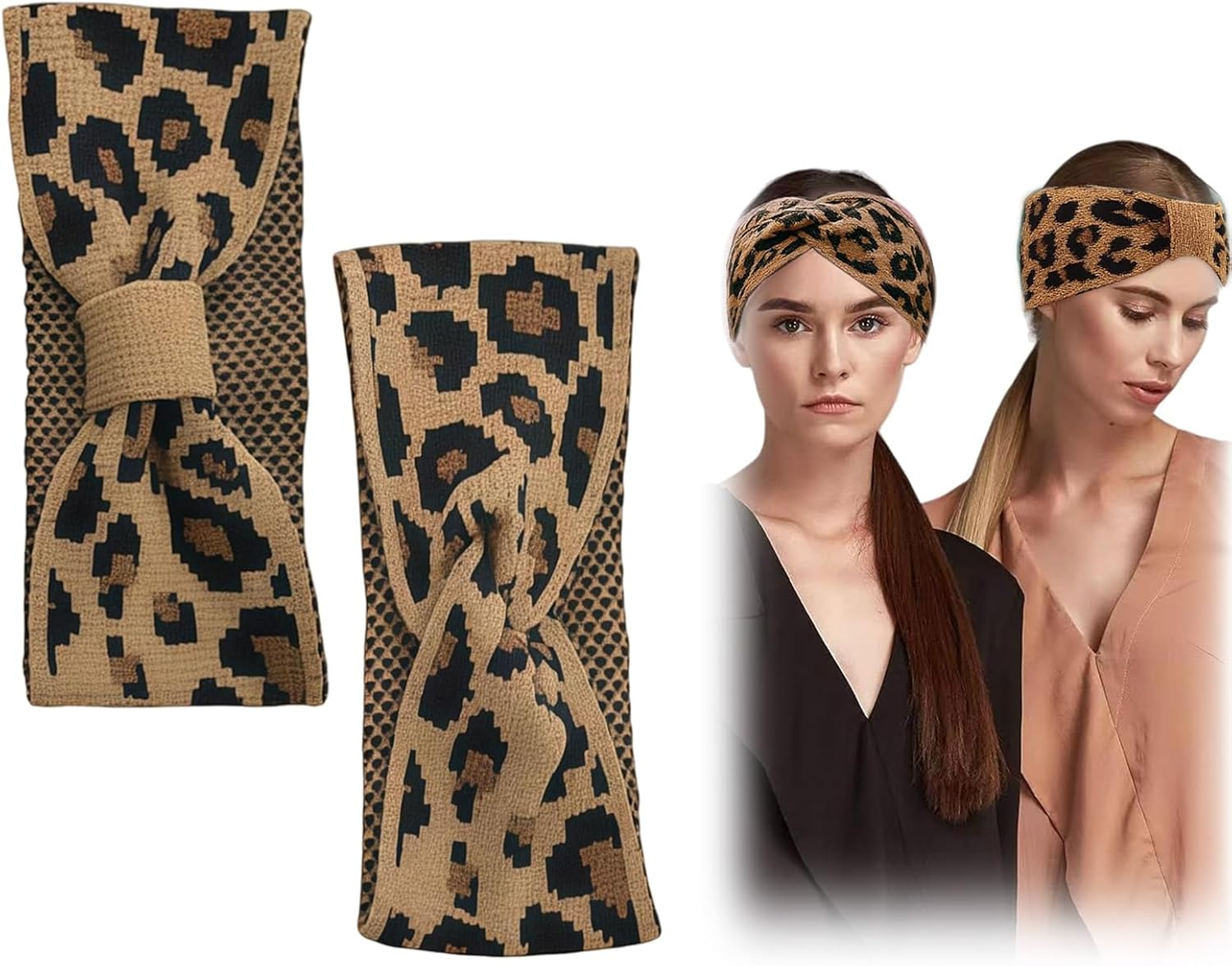 LUMOOM Pack of 2 Women'S Leopard Print Hair Bands, Soft Headband Hair Band Wide, Elastic Headband, Thin Non-Slip Hair Bands for Autumn Winter, Sports & Makeup