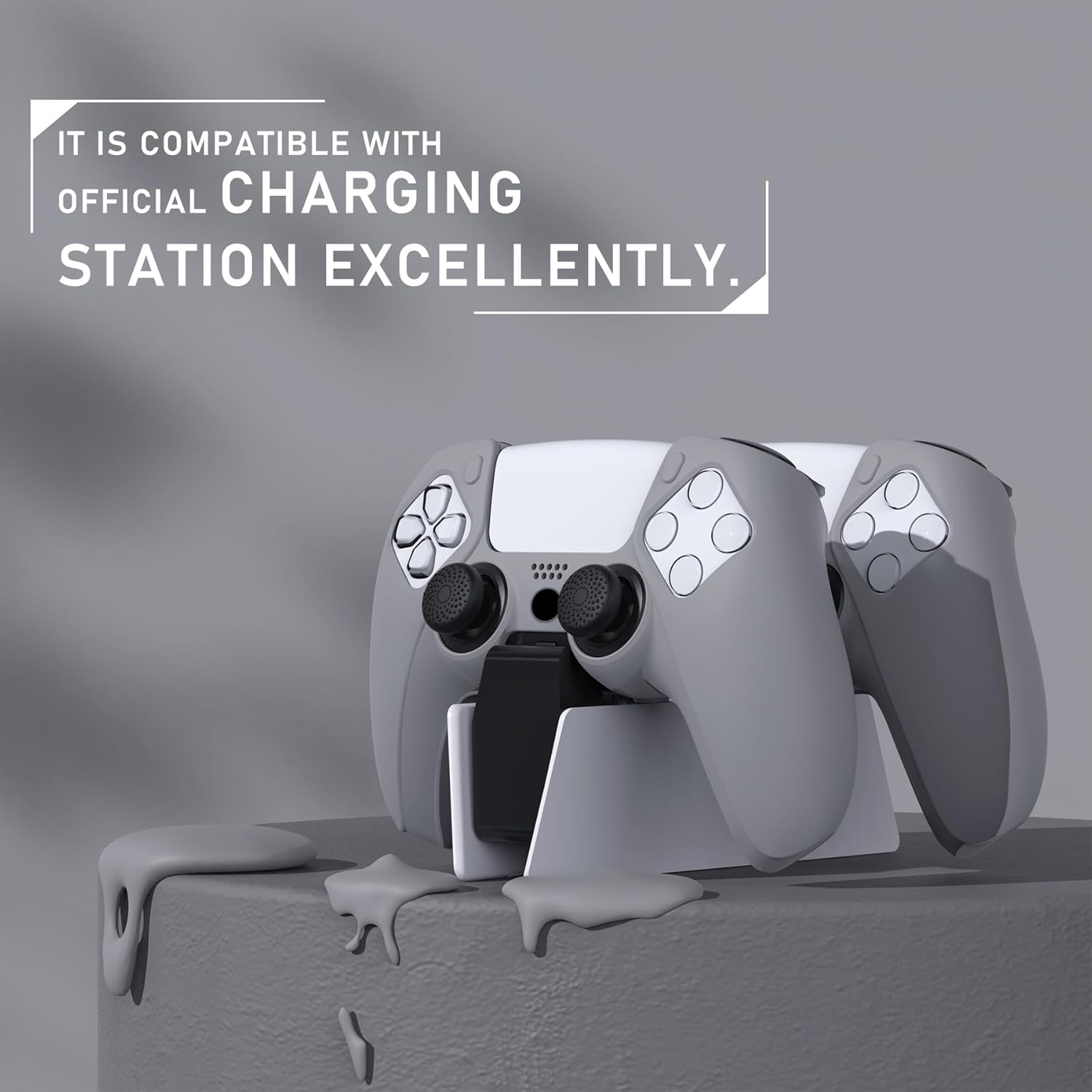 Playvital Pure Series Dockable Model Anti-Slip Silicone Cover Skin for Ps5 Controller, Soft Rubber Grip Case for Ps5 Controller Fits with Charging Station with Thumb Grip Caps - Gray image number 2