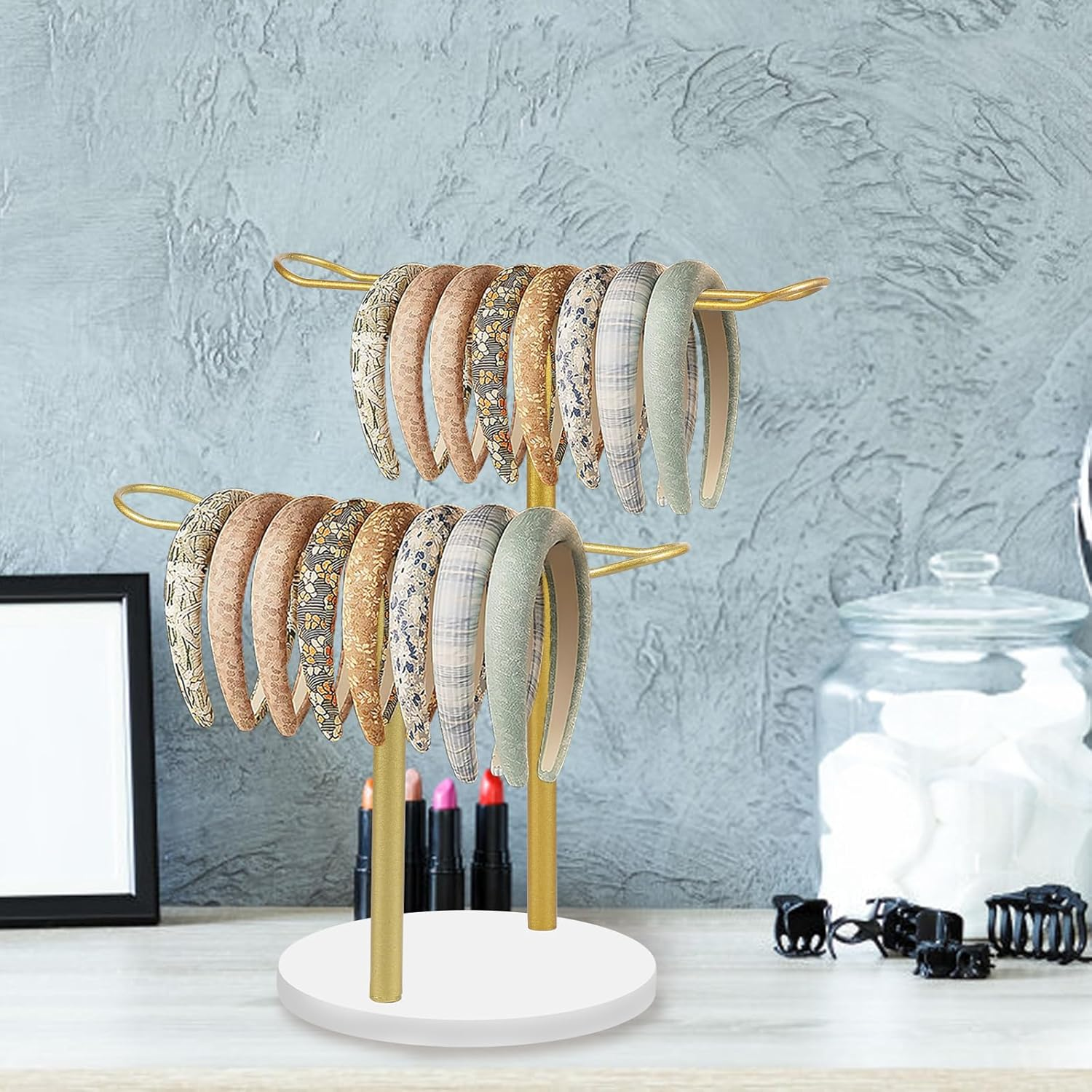 Headband Holder Organizer Metal, Hair Hoop Display Stand, Headband Organizer Storage with Base, Hair Accessories Display Rack, Bracelets Bangle Bedroom Storage Decor for Girls Women (Double Layer) image number 5