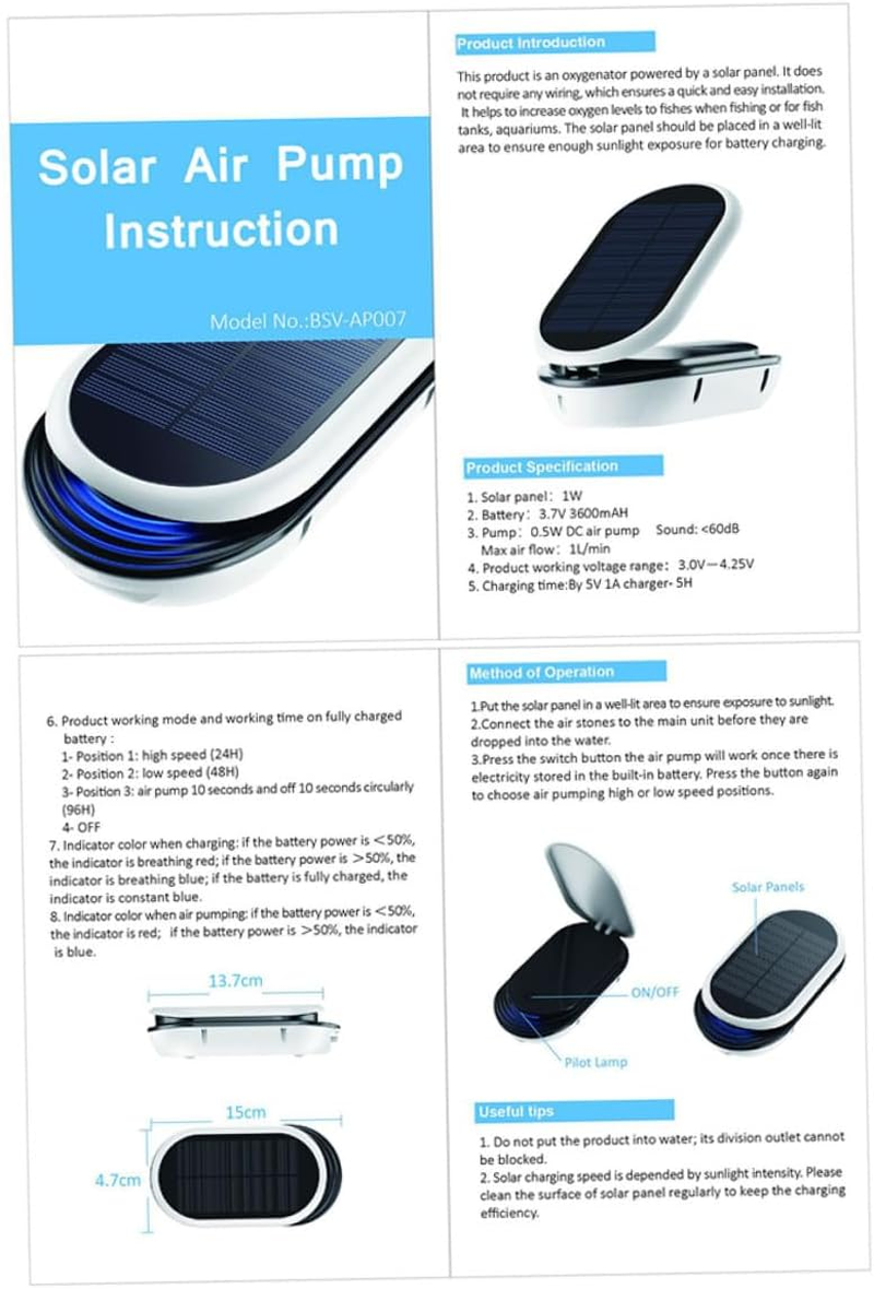 Solar Powered Aquarium Air Pump Portable Oxygen Aerator for Small Medium Fish Tanks Outdoor Quiet Oxygenation image number 2