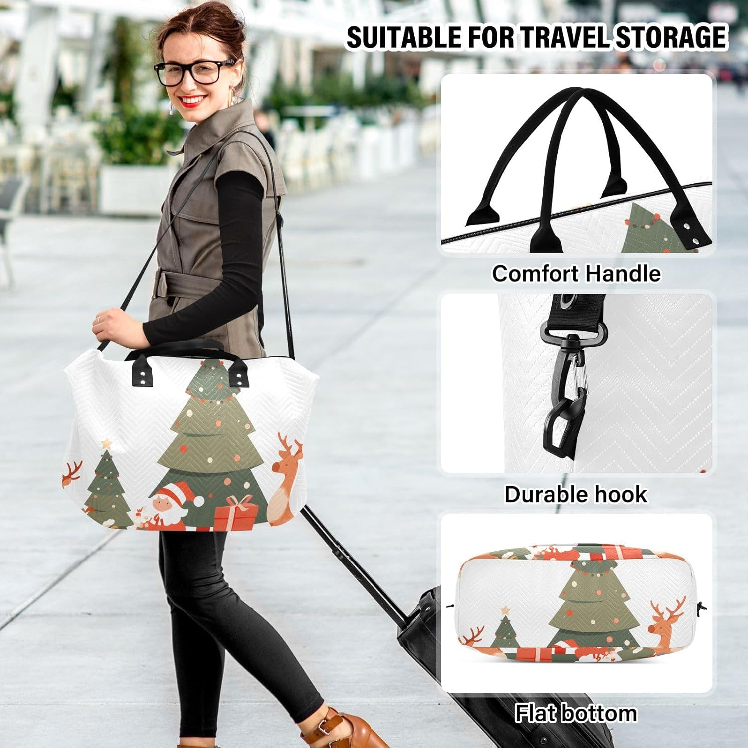 XYMZR Large Travel Duffel Bag, Reindeer Christmas Sports Tote Gym Bag, Shoulder Weekender Overnight Bag for Women Men, Carry on Luggage with Toiletry Bags, Multi-Colored, Multi-Colored image number 4