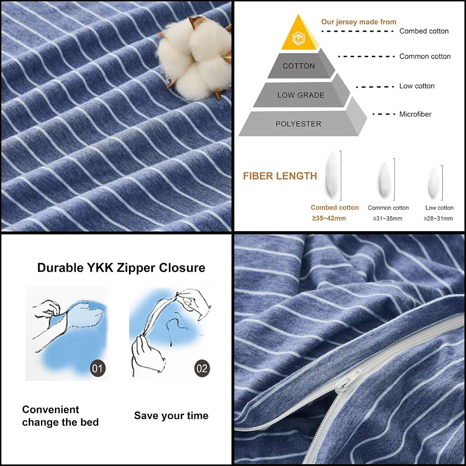 Jersey Cotton Knit Quilt Cover Set 100% Cotton T-Shirt Duvet Cover Set Super Soft Comfy 3Pc Cotton Doona Cover with Zipper Closure (Blue & White Pinstripe, Queen) image number 1