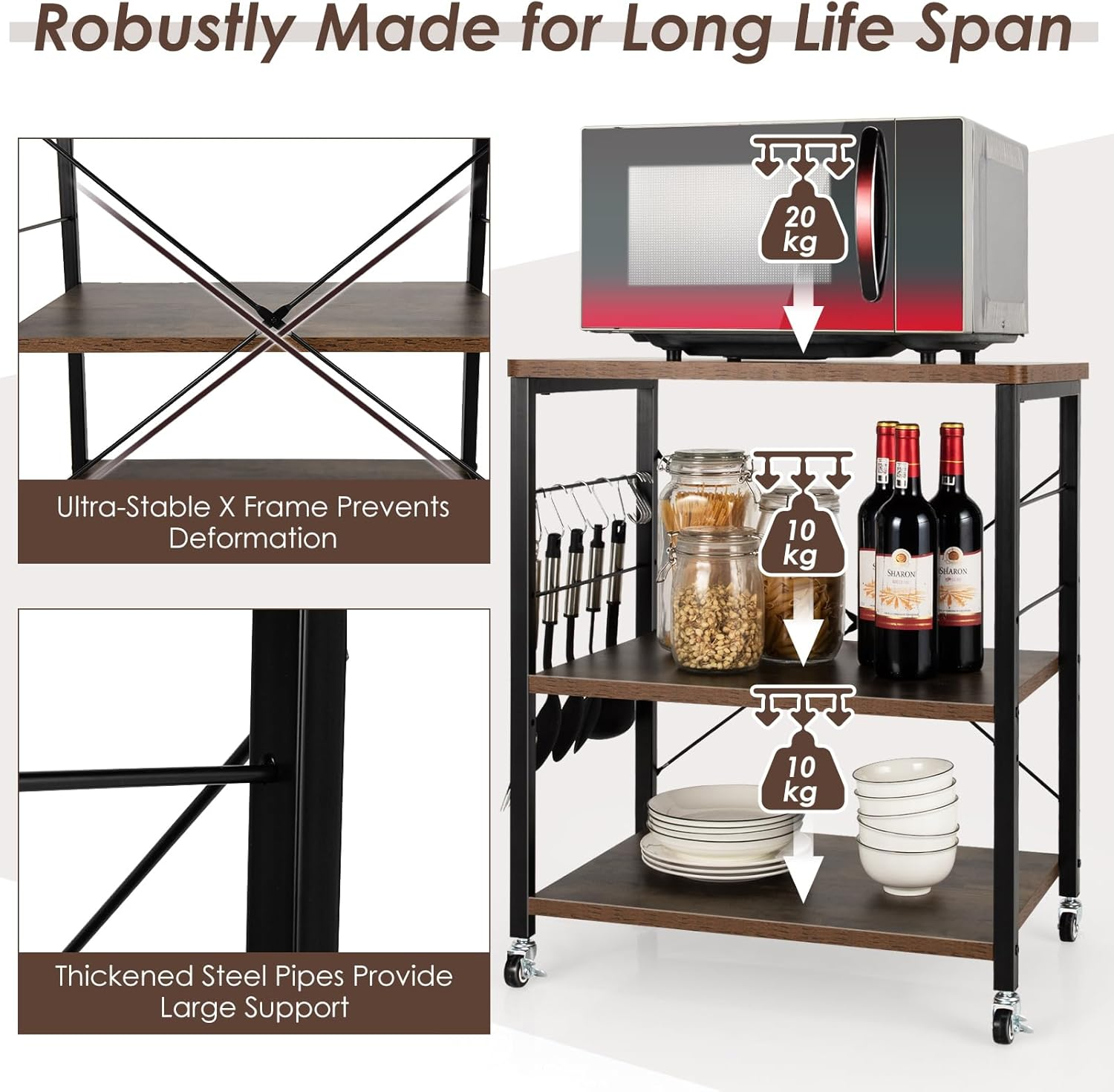 Costway 3-Tier Baker&rsquo;S Rack, Kitchen Utility Serving Cart W/ 10 Removable Hooks, Standing Microwave Shelf Metal Frames W/Lockable Casters for Coffee Restaurant Hotel (Rustic Brown) image number 6