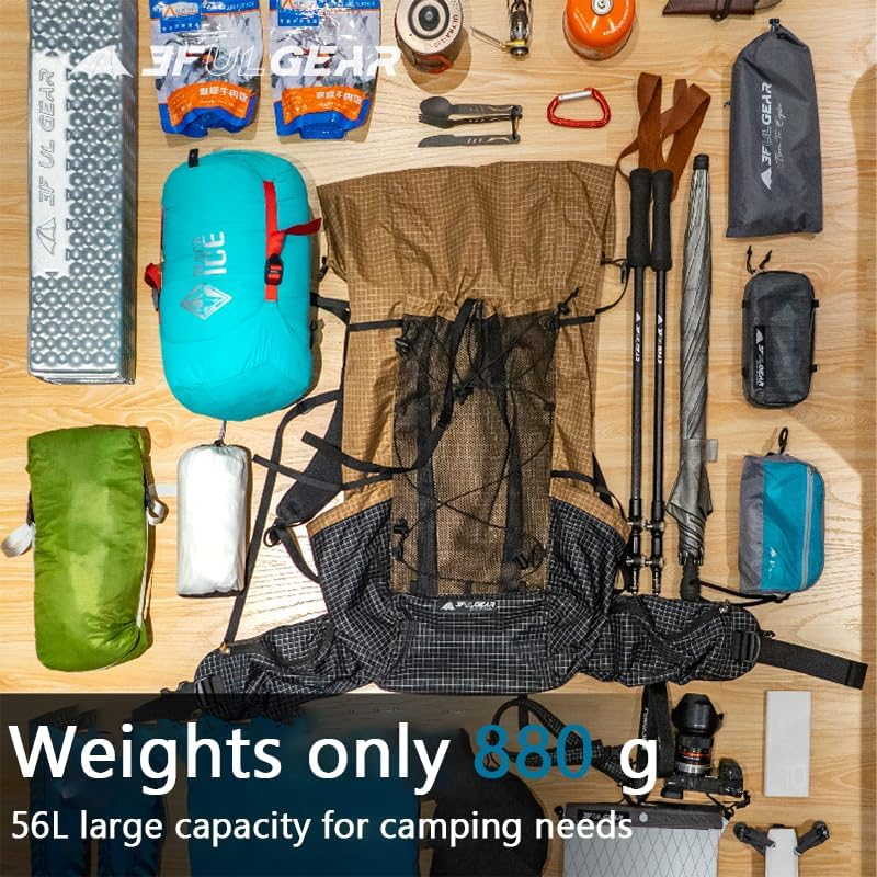 Windhike 3F UL GEAR 56L Internal Frame Hiking Backpack, Lightweight Breathable Pack-Fix Trekking Poles & Moisture-Proof Pads for Backpacking - Black image number 2