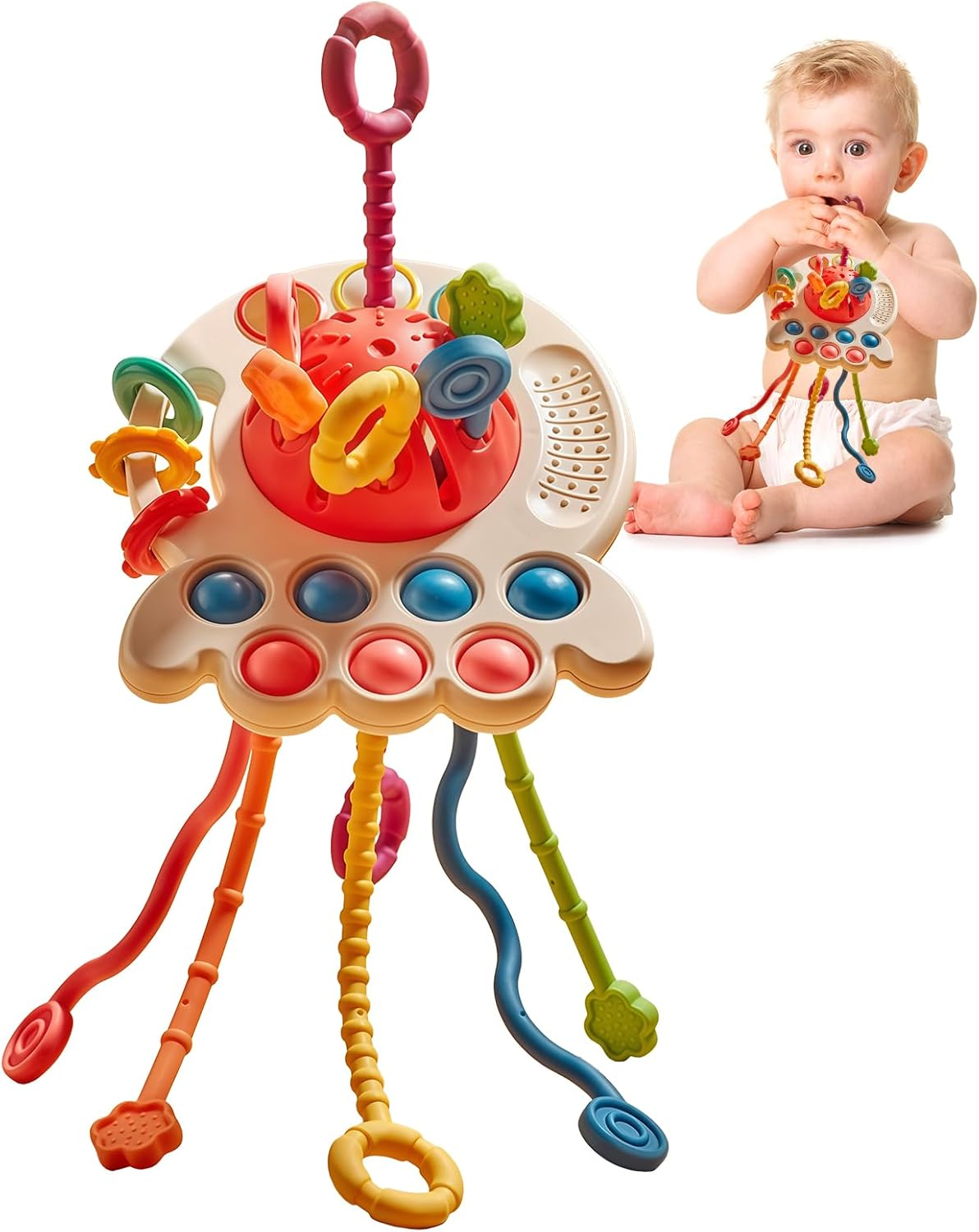 Montessori Sensory Teething Toy for Babies & Toddlers，Fun Press & Grasp Activity with Bpa-Free Silicone for 1 Year Old, High Chair Play, Early Education (Red) image number 1