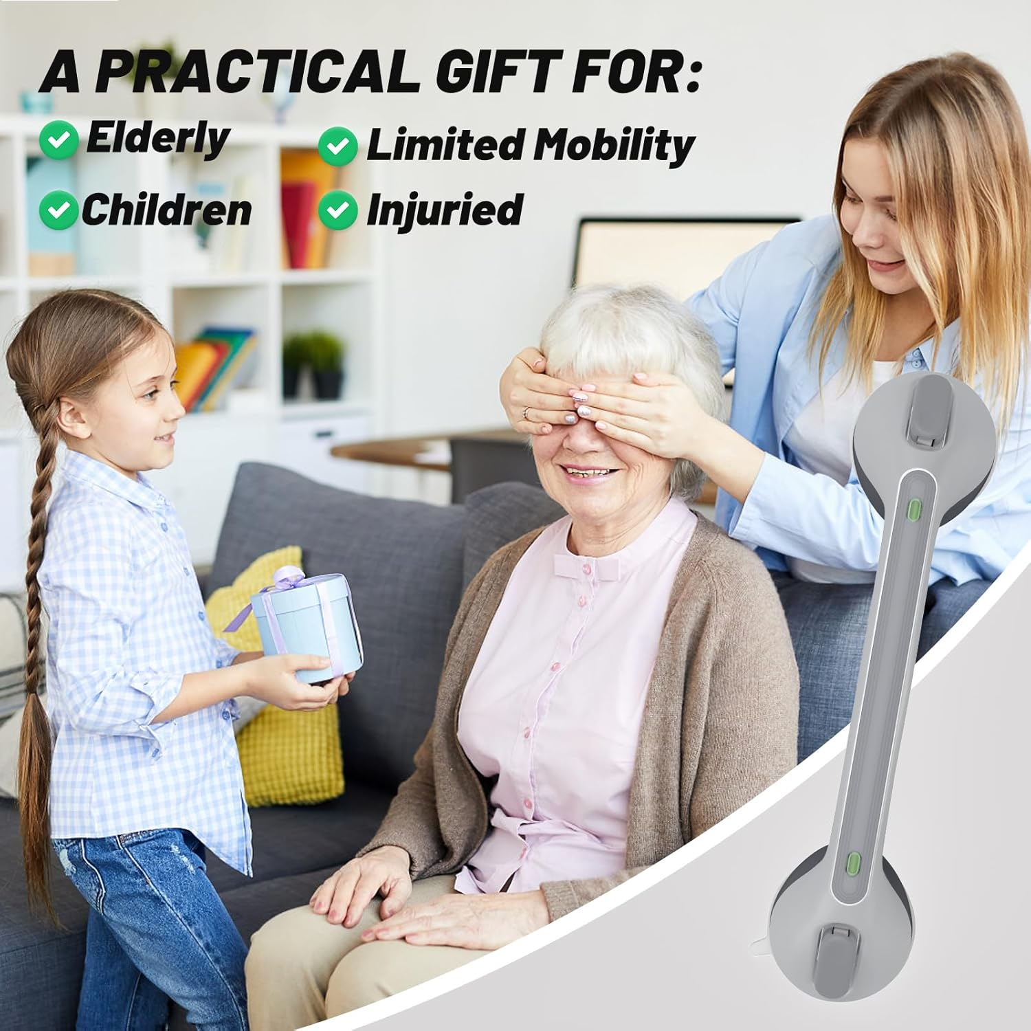 Grab Rail Shower Grab Bars for Seniors, 2 X 16 Inch Grab Rail with Suction Cup for Elderly, Mobile Bathroom Grab Handle, Non-Slip Suction Cup for Bathroom, Toilet, No Drilling, Shower Grab image number 4