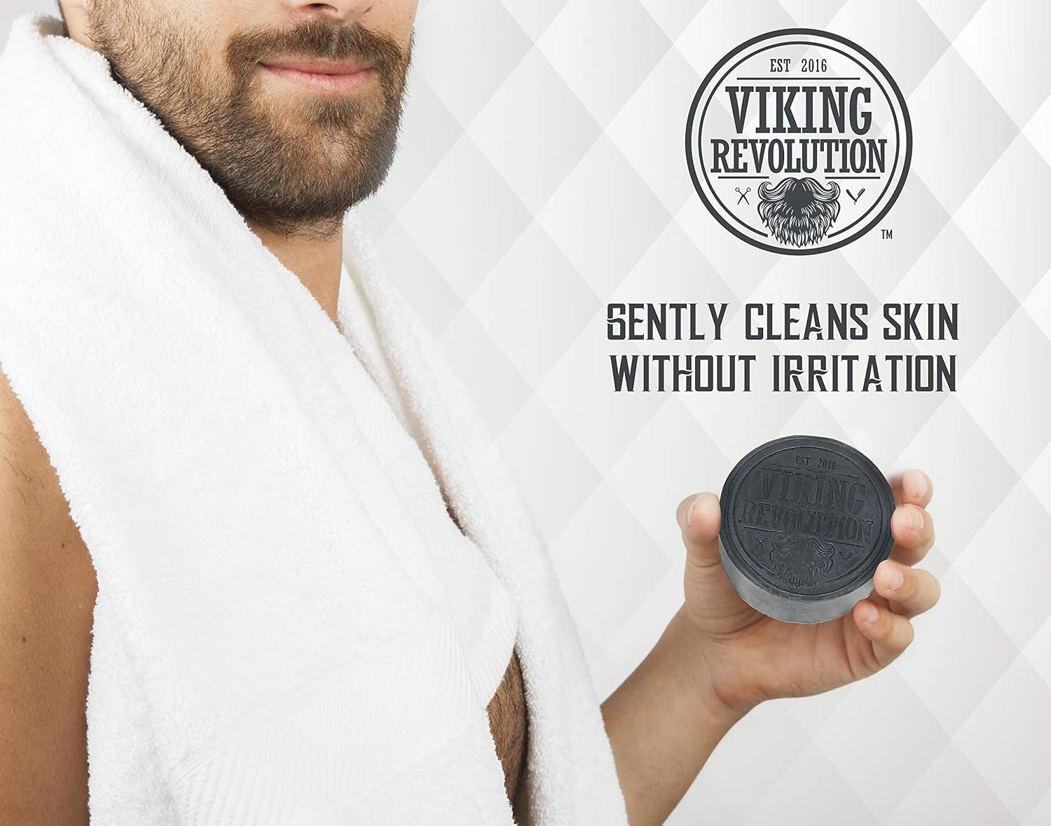 Viking Revolution Skin Cleaning Agent Activated Charcoal Soap for Men W/Dead Sea Mud, Body and Face, Cleanser,Cleansing Blackheads - Peppermint & Eucalyptus Scent 0.7 Fl Oz (Pack of 1) image number 2