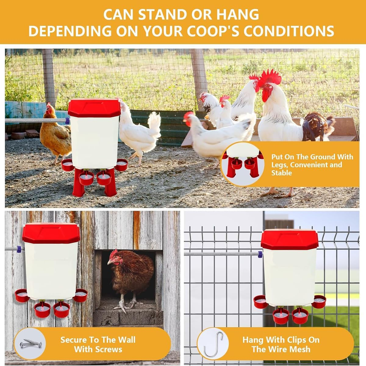 CLOUDSEASON Auto Chicken Feeder & Poultry Waterer with 145Cm Water Hose 8KG Feeder + 7L Waterer with Float Controlled No-Mess Design Portable for Chicken Coop (Red) image number 3