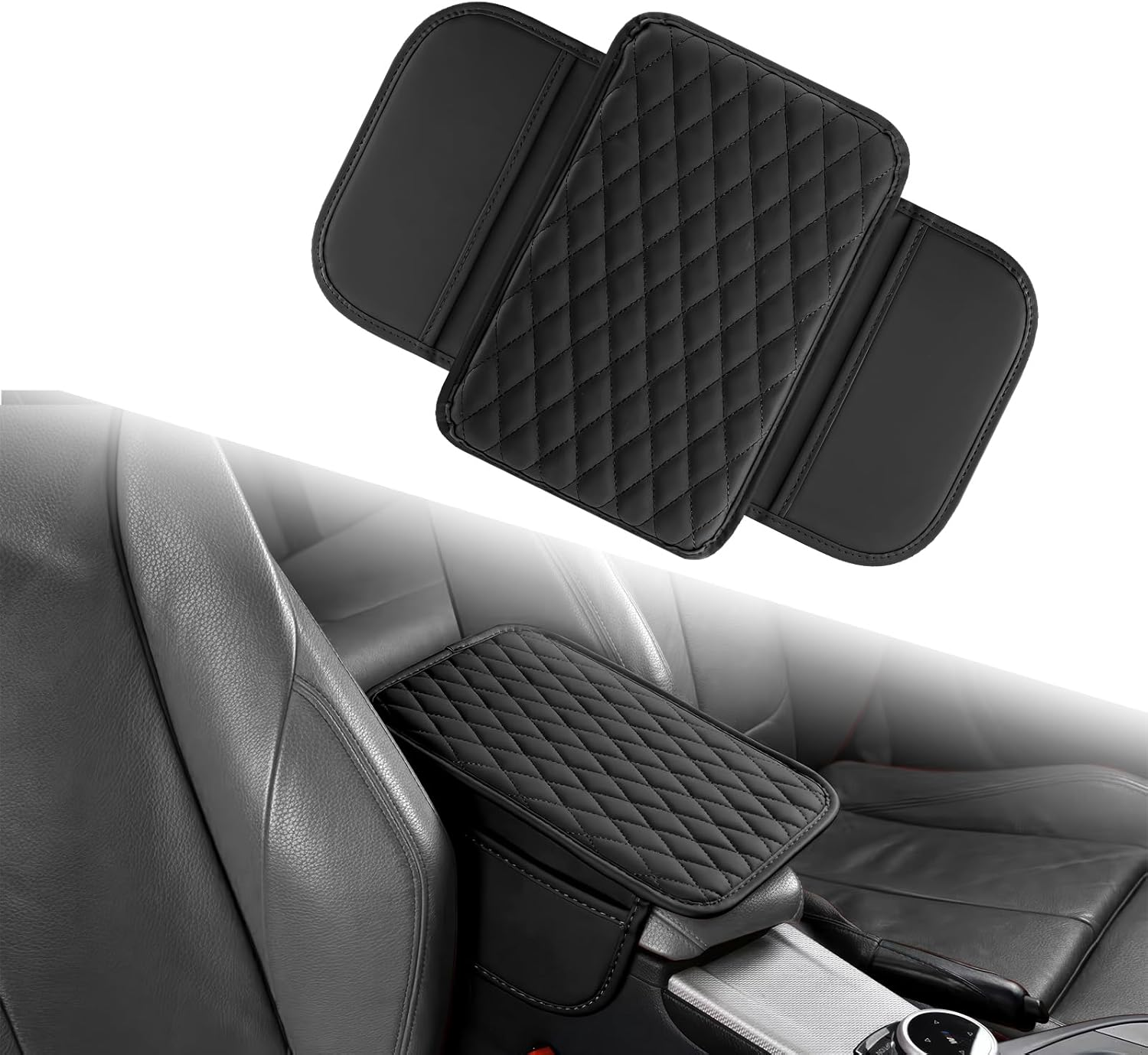 Car Center Console Cover with 2 Storage Bags, Leather Arm Rest Cover for Car Accessories Interior, Auto Universal Middle Console Cover Cushion Protector for Most Vehicle (Black) image number 3