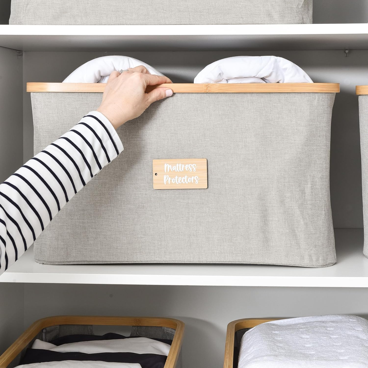 Linen Storage Baskets with Bamboo Rim 8 Pack Light Grey, 4 Large and 4 Medium, Foldable Oxford Cloth Fabric Bins with Label Tags, Wardrobe and Cupboard Organisation for Bedroom Laundry Shelves image number 6