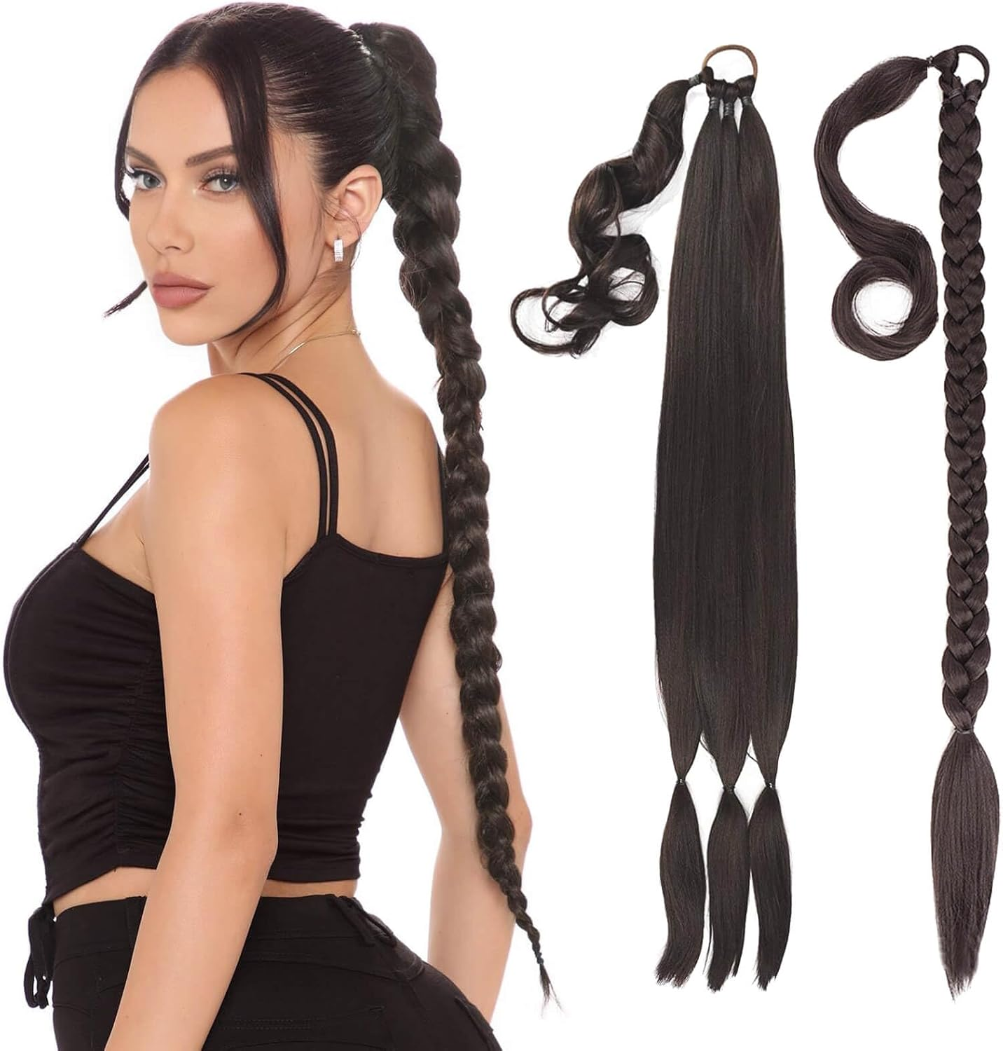 PHOCAS Long Braided Ponytail Extension with Hair Tie 32'' DIY Synthetic Ponytail Hair Extensions Ponytail Hair Pieces for Women Daily Wear(Black)