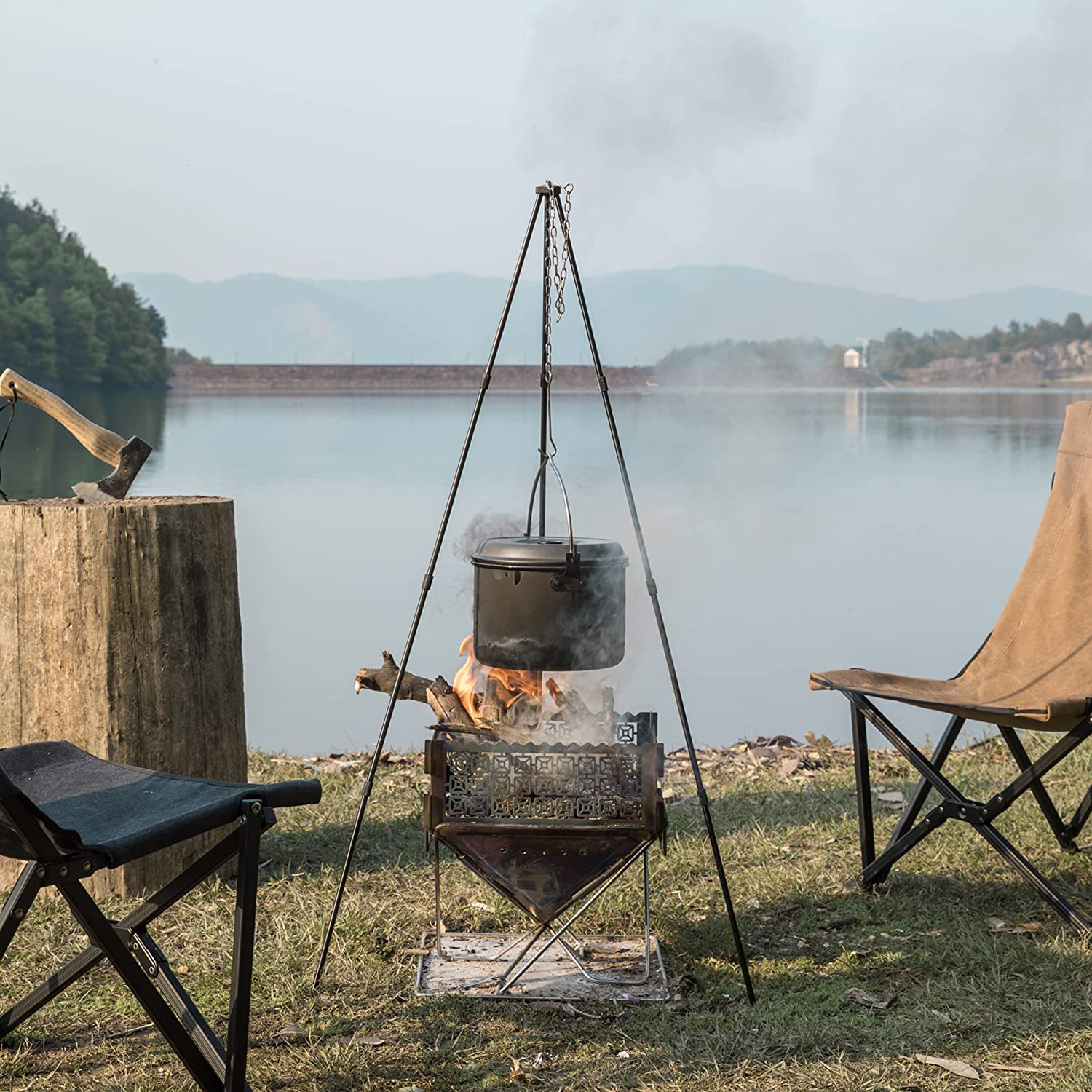 CAMPINGMOON Camping Campfire Tripod with Carrying Bag Portable Lightweight Aluminum 41.3-Inch Height Stainless Steel Chain image number 4