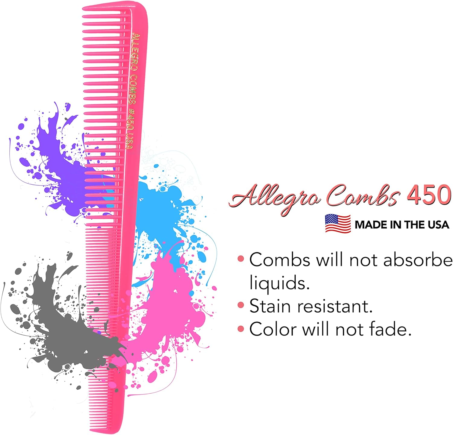 Allegro Combs 450 Tapered Hair Combs Barber Combs Hair Cutting Combs Hairstylist Combs Women'S Combs Men'S Pocket Combs 12 Pcs. (NEON PINK)