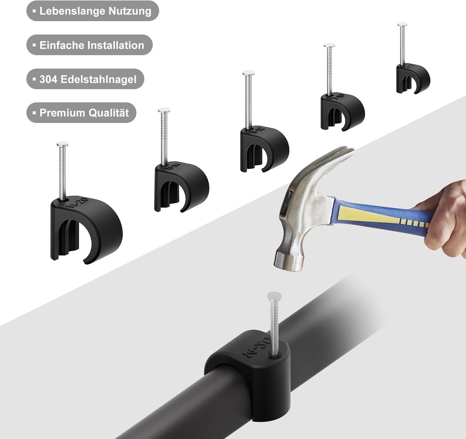 Temolink Cable Clips 50Pcs Nail Clamps 14-20Mm 304 Stainless Steel Cable Management for Phone and Ethernet Cable Power Cable Pipe Black