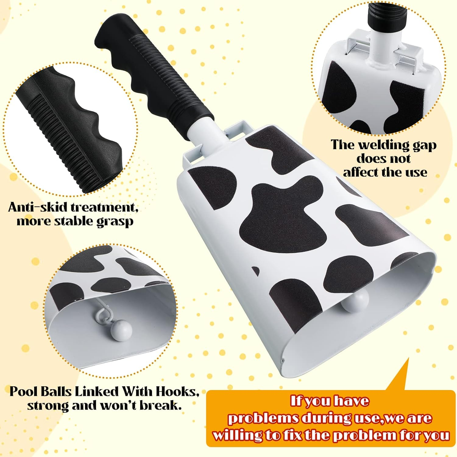 2 Pieces 10 Inch Steel Cowbell with Handle Cheering Bell for Sports Games Events Large Solid School Bells Metal Noise Maker Loud Percussion Musical Instrument Call Bell Alarm, Black and White