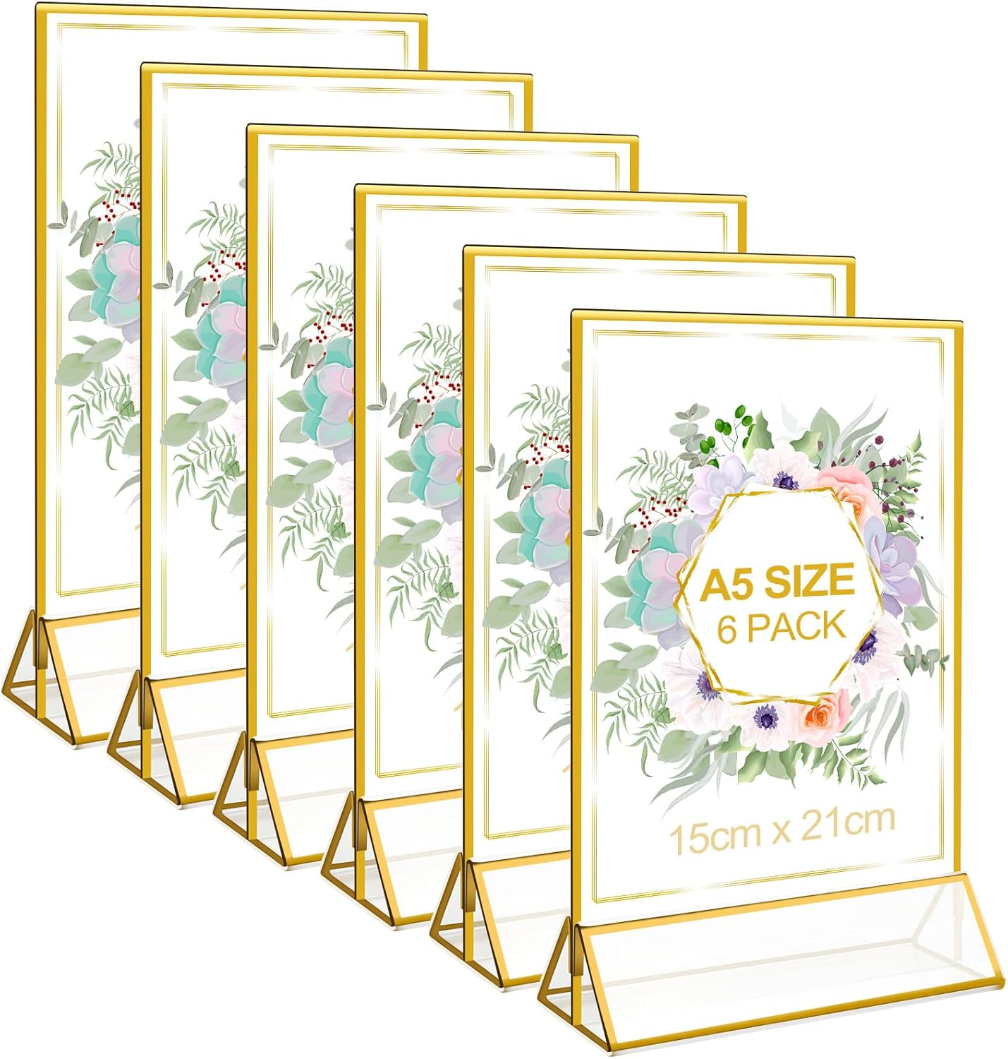 6 Pack A5 Gold Border Acrylic Sign Holders, Table Number Holders for Wedding, Double Sided Menu Display Stand, Poster Picture Frame, Clear Tabletop Holder for Store Restaurant Party Office image number 5