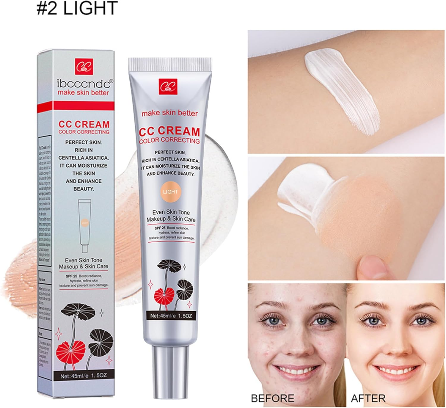 Erinde Color Correcting CC Cream with Centella, Women Lightweight CC Cream Foundation with SPF 25, Color Correcting Cream, Medium Coverage CC Cream Foundation, Natural Finish #02 - 01 image number 2