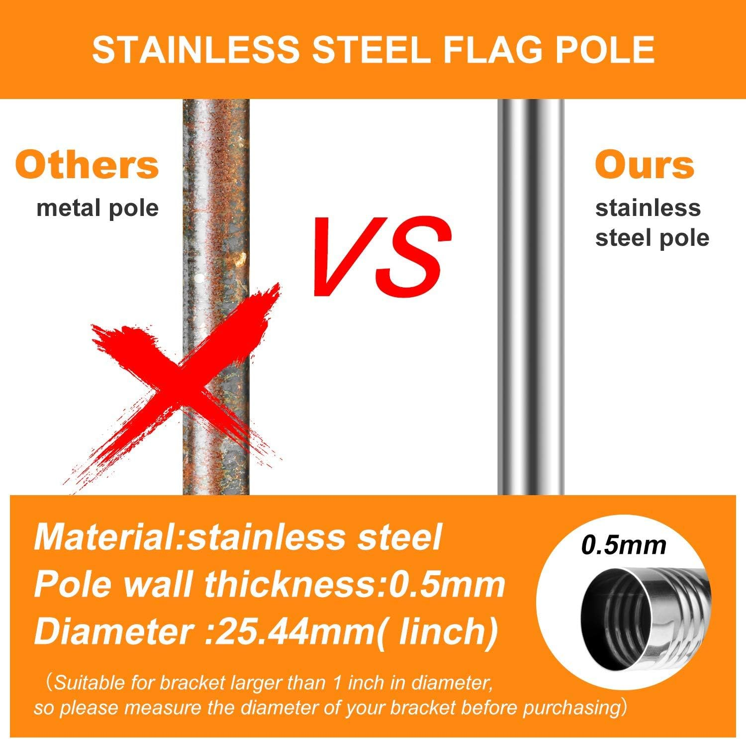 Evertoco 6FT Stainless Steel Flag Pole, Tangle Free Flag Poles for 3X5 Flags, Outdoor Flag Pole for House Yard Garden, 1Inch Diameter Flagpole with Bearing Aluminum Alloy Rings Rust Free image number 4