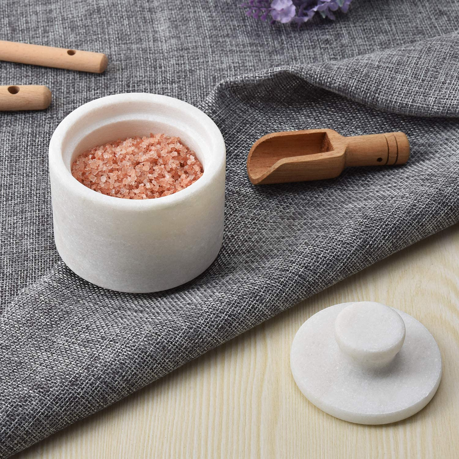 Rissetree White Marble Salt Cellar Keeper with Lid, Classic Style, Spice Jar, 3" X 3" Diameter