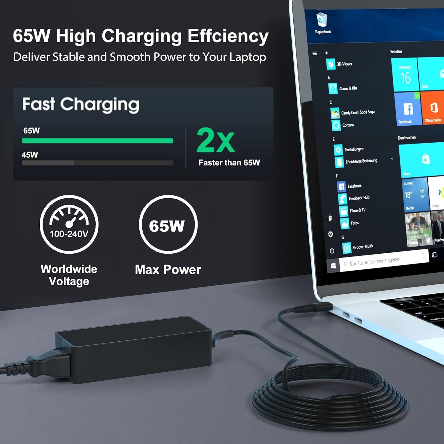 65W USB C Laptop Charger Fast Chromebook Charger Compatible with HP, Dell, Lenovo, Acer, Asus, Samsung, Google, USB Type-C Power Adapter image number 2