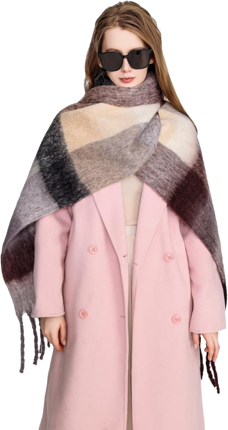Young_Me Women'S Cashmere Big Coloured Checked Scarf Winter Warm Wrap Scarf