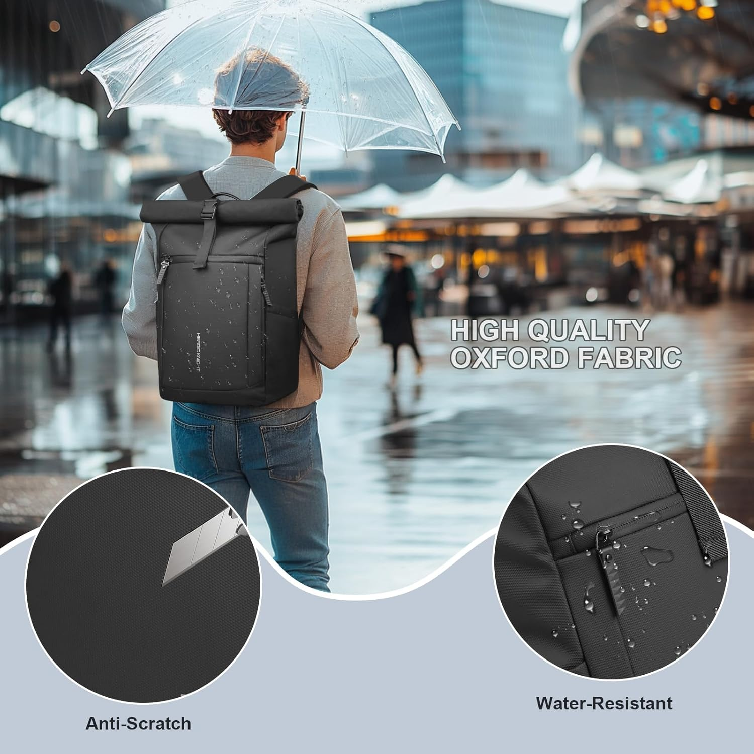 HEROIC KNIGHT Rolltop Laptop Backpack, Water-Resistant Bussiness Travel Backpack for Men Women, Expandable 20-27L Casual Daypack for 15.6 Inch Computer, Work Bag for Commute/College/Hiking,Black image number 2