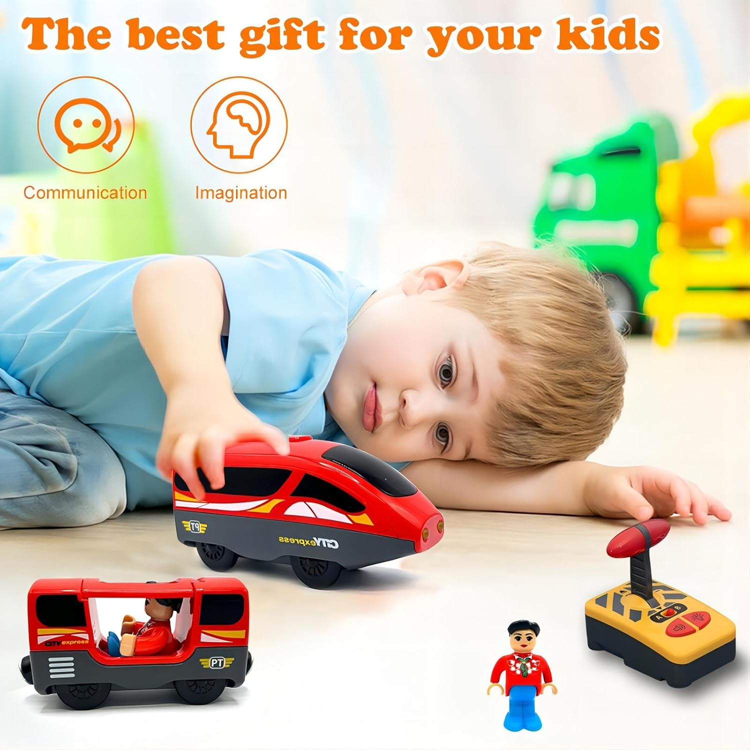 B-Qtech RC Electric Train Toy, Battery Operated Educational Toy, Compatible with Brio Fits Thomas Fits, Remote Control Train for Wooden Track Boy Girl 3 4 5 Years image number 4