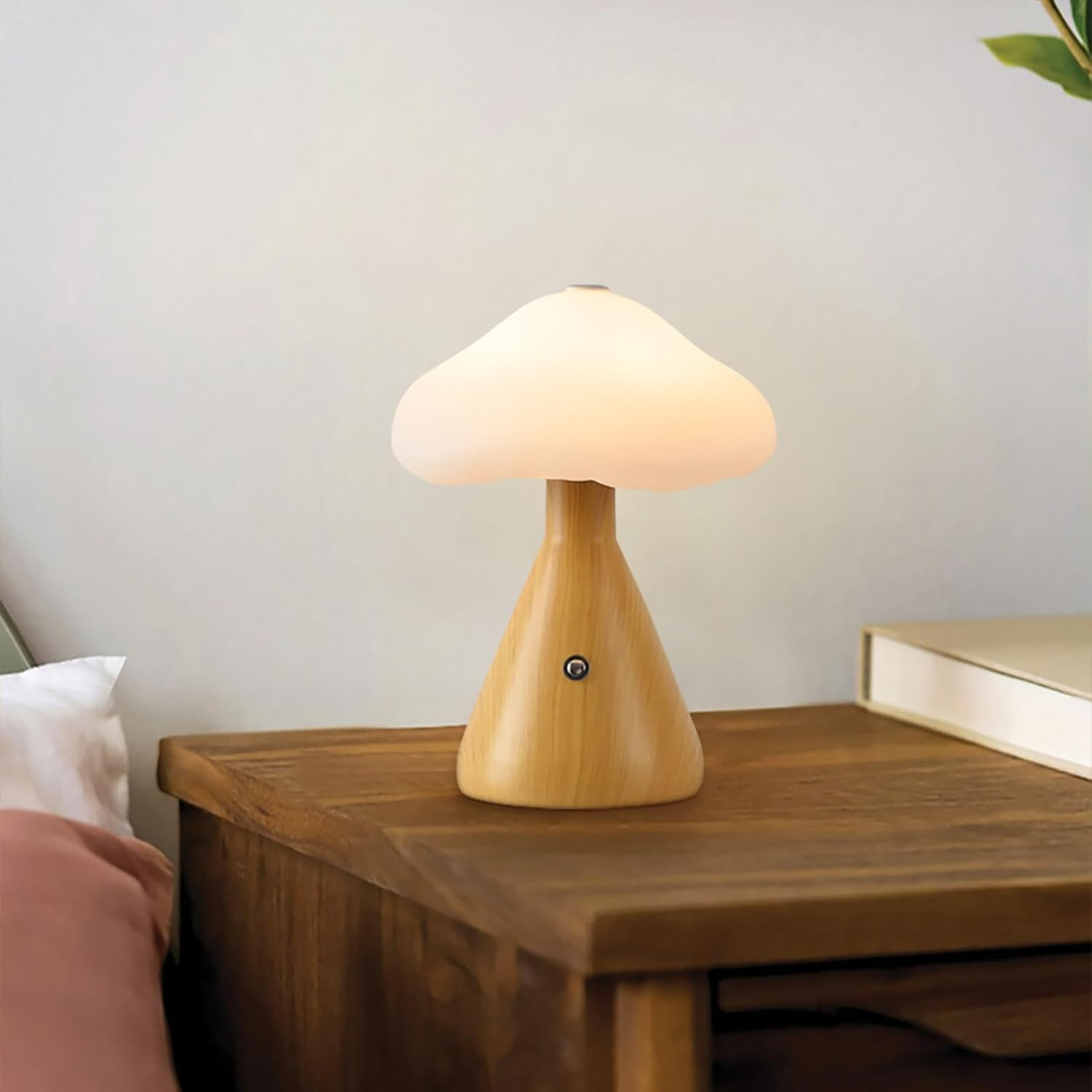 Shenzhi Tech LED Mushroom Table Lamp, USB Rechargeable Desk Lamp, Touch Controlled Dimmable Indoor Night Light for Home Decor Bedside Room (Wood Color)