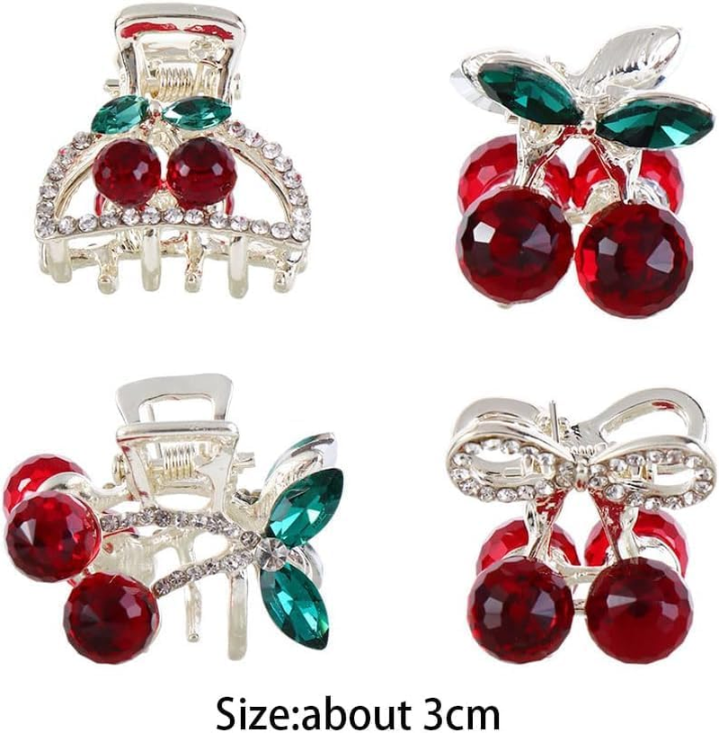 Compact and Cute Clip Cherry Small Hair Claw, 4PCS Mini Crystal Cherry Hair Clip for Women (Red, One Size) image number 1