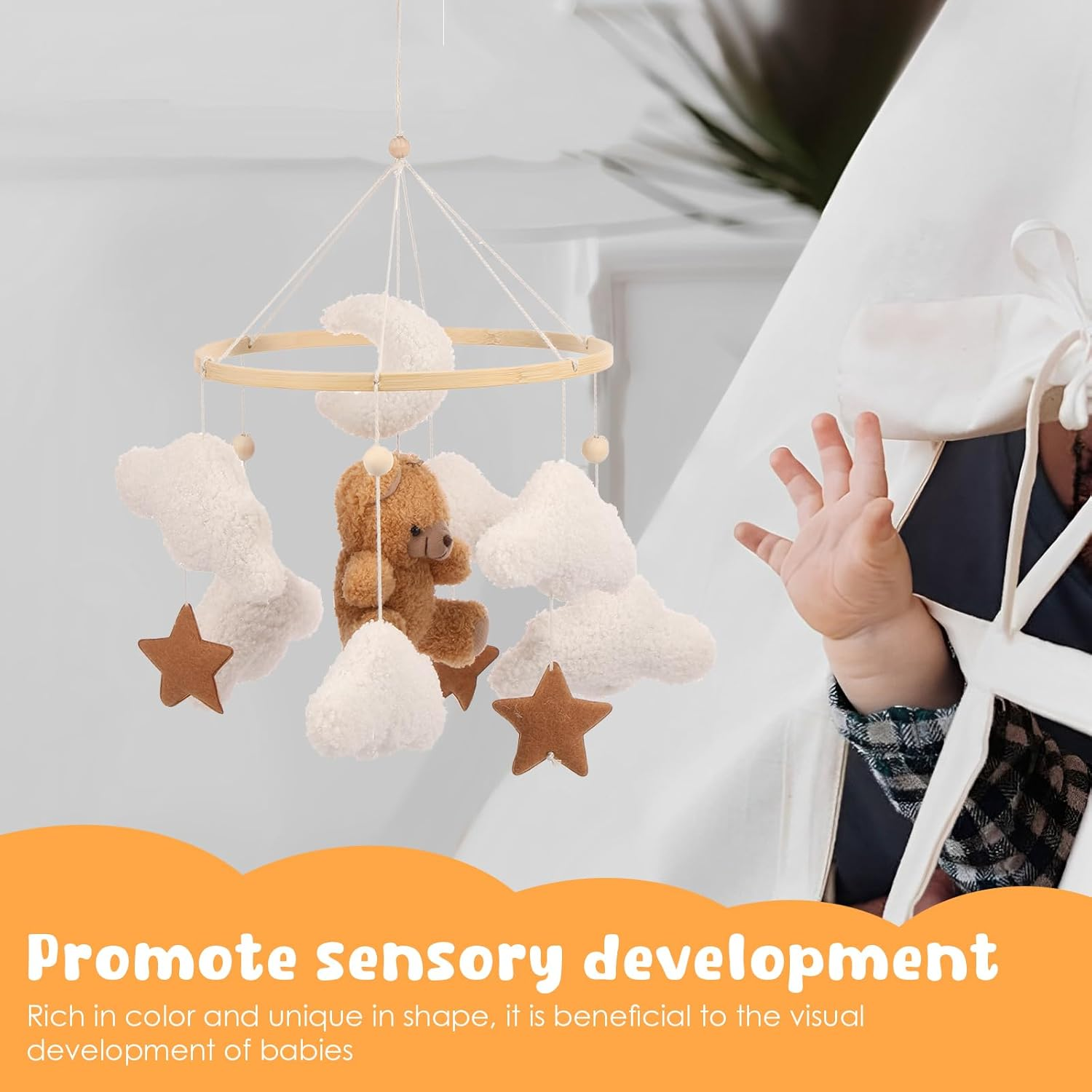 Baby Crib Mobile for Boys Girls Bassinet Soft Plush and Wood Nursery Mobile Cute Baby Bed Bell Charming Nursery Decor for Infant Newborn (Brown) - Pink image number 2