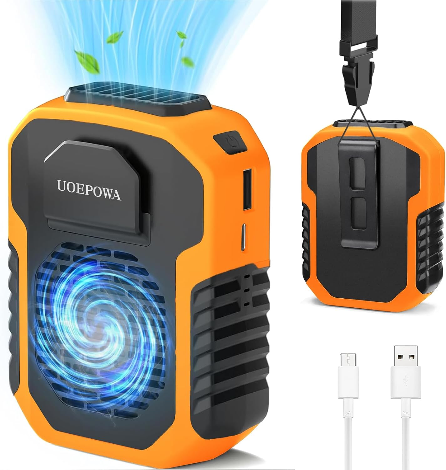 UOEPOWA Portable Waist Clip Fan, 6000Mah on Belt Fan Rechargeable, Blue Collar Breeze, 3 Speeds, 7-23H Working Time, Wearable Belt Neck Fan for Outdoor Workers/Farms/Travel(Orange)