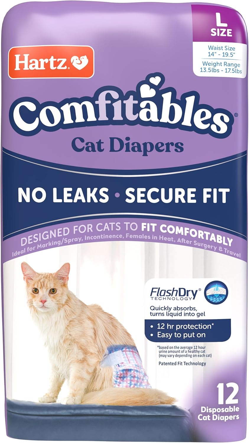 Hartz Disposable Cat Diapers, Easy to Put On, Comfortable & Secure Fit for 12 Hours Leak Protection, Multiple Sizes image number 2