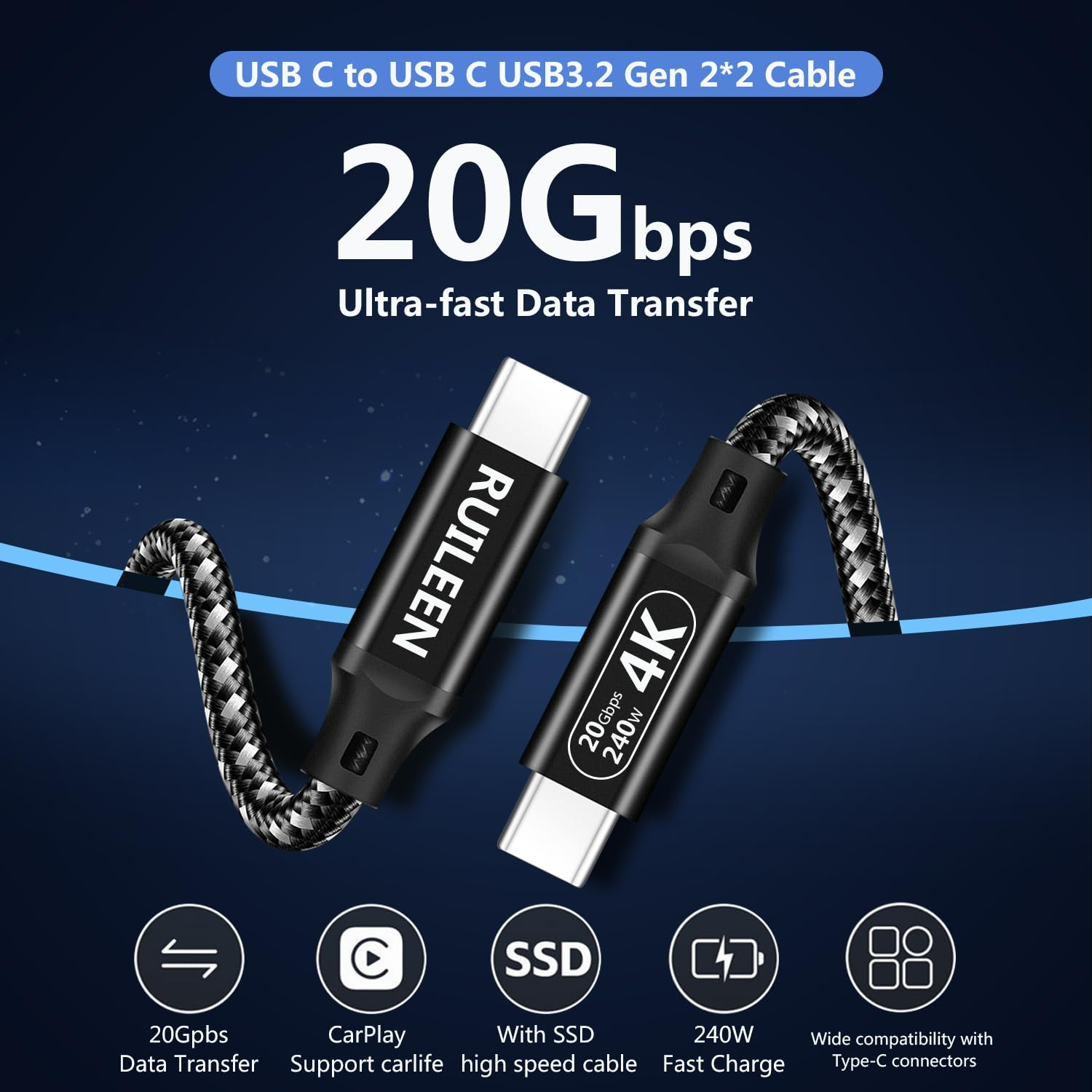 USB C to USB C Data Cable 20Gbps 3 M, High Speed Data Transfer Cable USB C 3.2, 4K 60Hz USB C Monitor Cable, 240W PD Fast Charging,Nylon Braiding Type C Cable Compatible with SSD, Hub, Dock,Laptop image number 4