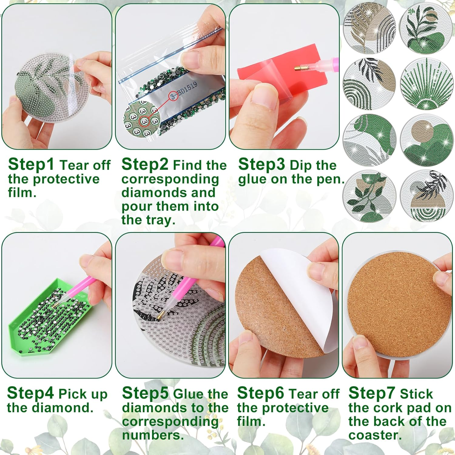 Ovveroche 8 Pcs Diamond Art Painting Coasters with Holder, Diamond Art Coasters Abstract Diamond Art Kits for Adults Beginner Craft Supplies