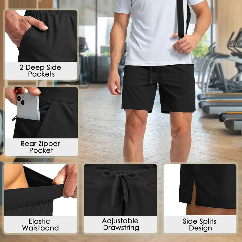WOTOW Men'S Running Shorts with Liner, Quick Dry Athletic Shorts, Lightweight Outdoor Gym Workout Shorts with Towel Loop and Zipper Pockets image number 3