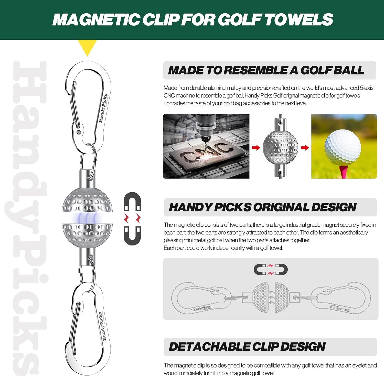 Handy Picks Magnetic Clip for Golf Towels, Original Mini Golf Ball Design, Industrial Neodymium Magnet for Strong Hold to Cart or Clubs, Essential Golf Accessory Golfer (Silver, Pack of 2) image number 1