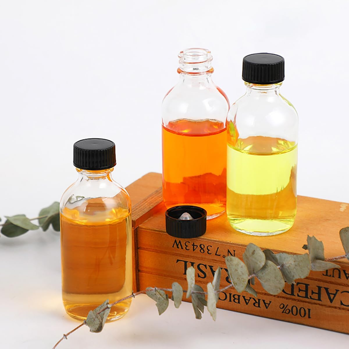 12 Pcs Small Glass Bottles with Lids,2Oz Clear Glass Containers with 3 Funnels,Brushes & Labels, Boston round Sample Bottles for Ginger Shots, Juice, Potion, Liquids, Whiskey image number 3