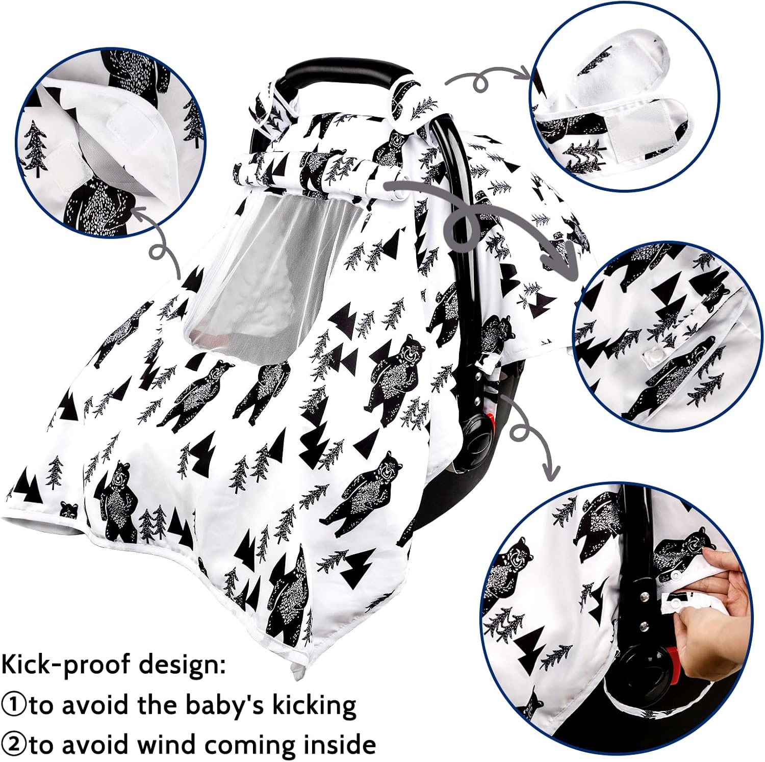 Baby Carseat Cover Boys, Newborn Car Seat Canopy, Minky Cozy & Warm Cover, Winter Carrier Cover with Peep Windows, Soft & Breathable, Bear Stuff image number 1