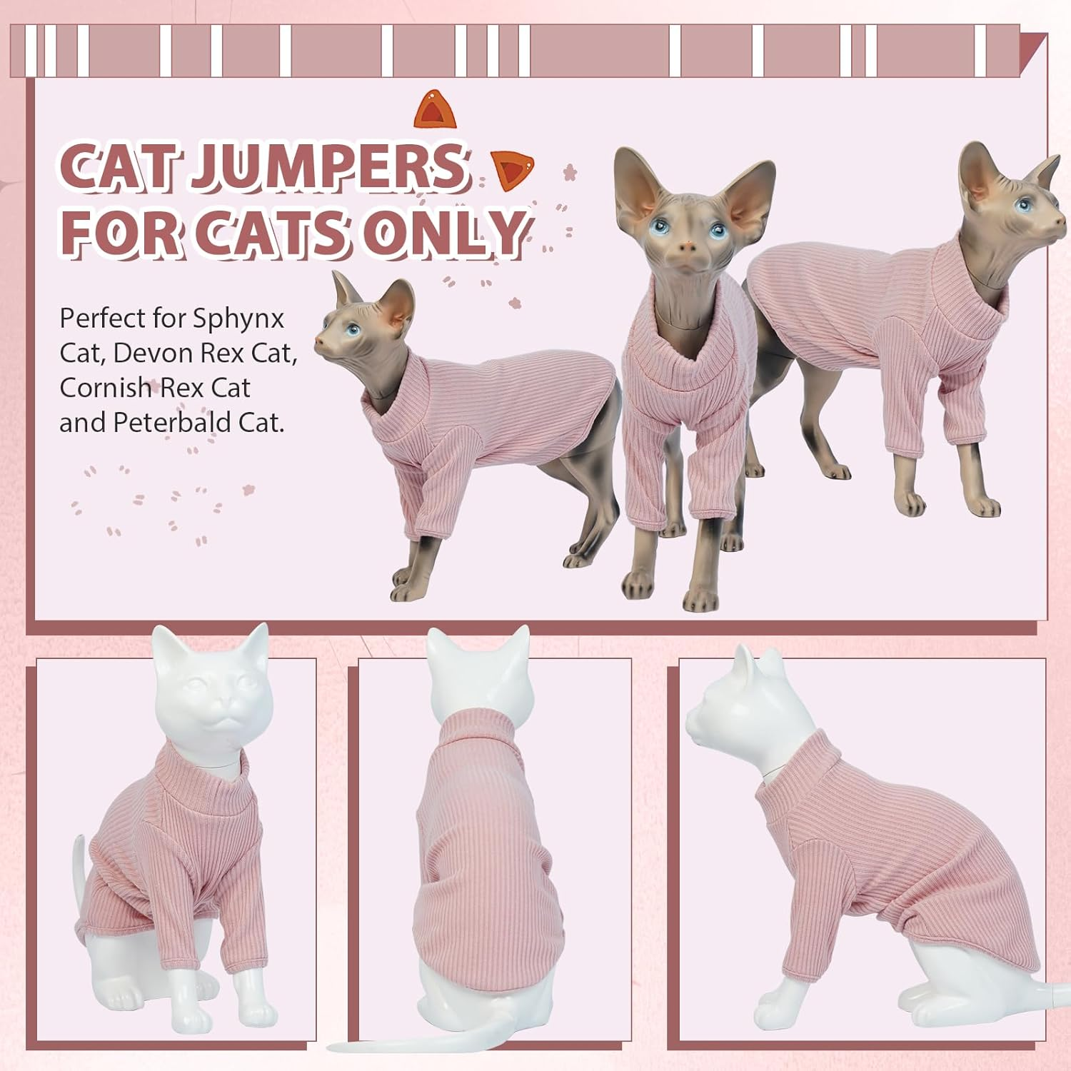 Hjyokuso Cat Clothes, Sphynx Cat Clothing, Cat Jumper Pink, Cat Jumpers for Cats Only, Kitten Clothes Jumper, Breathable Cat Pyjamas, Warm Cat Coat, Cat Sweater, Cat Vest for Sphynx,Cornish Rex - L image number 1