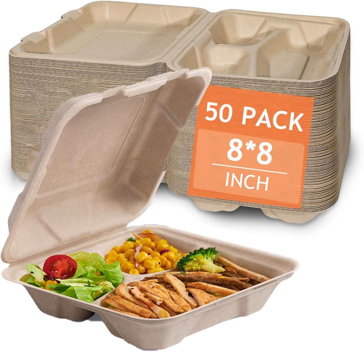 100% Compostable Take Out Food Containers, Disposable Flip-Top Box - 50Pack 8X8" 3-Compartment Heavy-Duty Lunch Box with Lid, Eco-Friendly Biodegradable Paper Fiber to Go Containers for Food image number 3