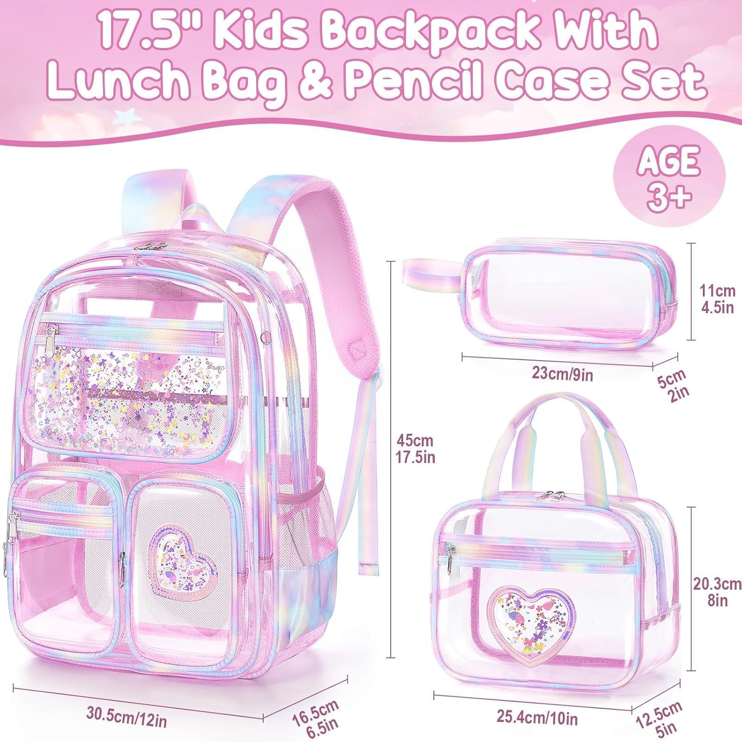 Fimibuke Clear Backpack for Girls, 3PCS Heavy Duty PVC Transparent Kids Backpack for Teen Girl with Lunch Box & Pencil Case - Beige image number 2