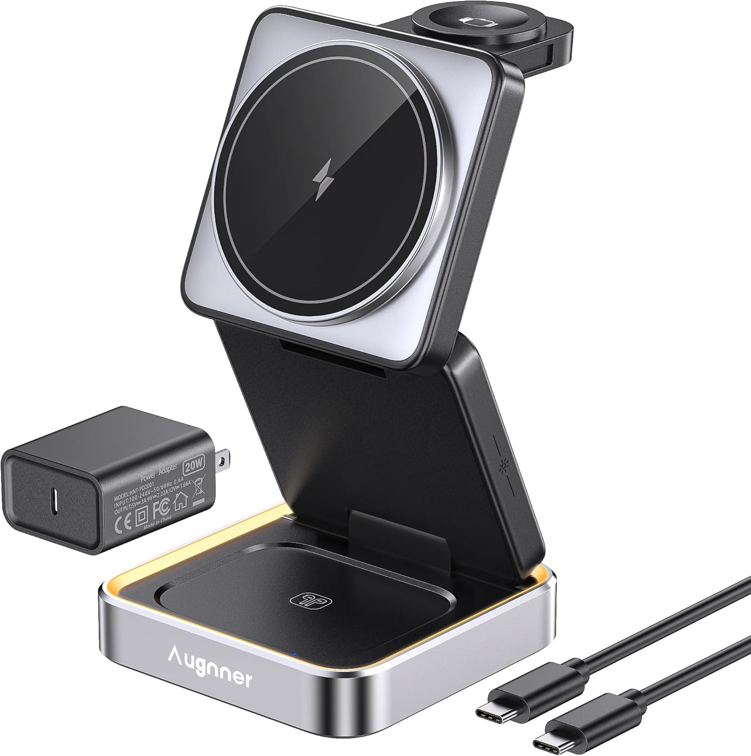 3 in 1 Wireless Charger, Foldable Wireless Charging Station with Night Light for Apple Charger, Portable Travel Magnetic Charger Stand, 15W Nightstand Fast Charging Station (White)