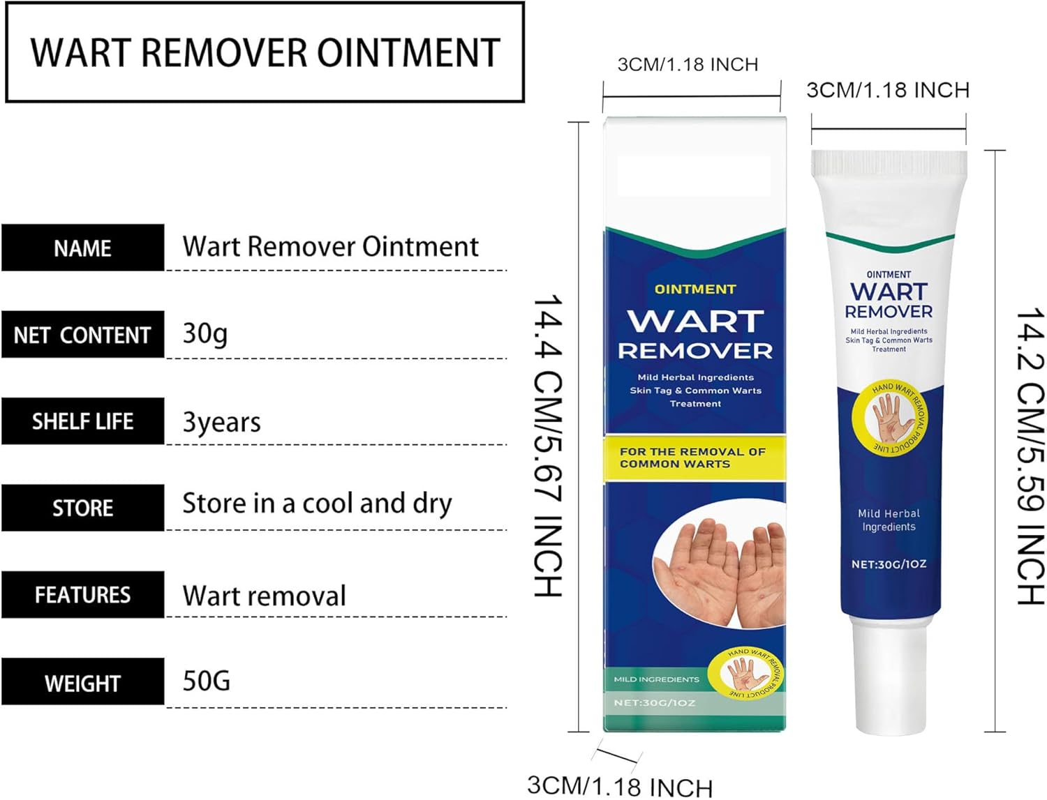Wart Remover Cream 30G, Suitable for Common Warts, Plantar Warts, Corns, Moles, Calluses and Moles, Wart Remover for Hands and Body image number 3