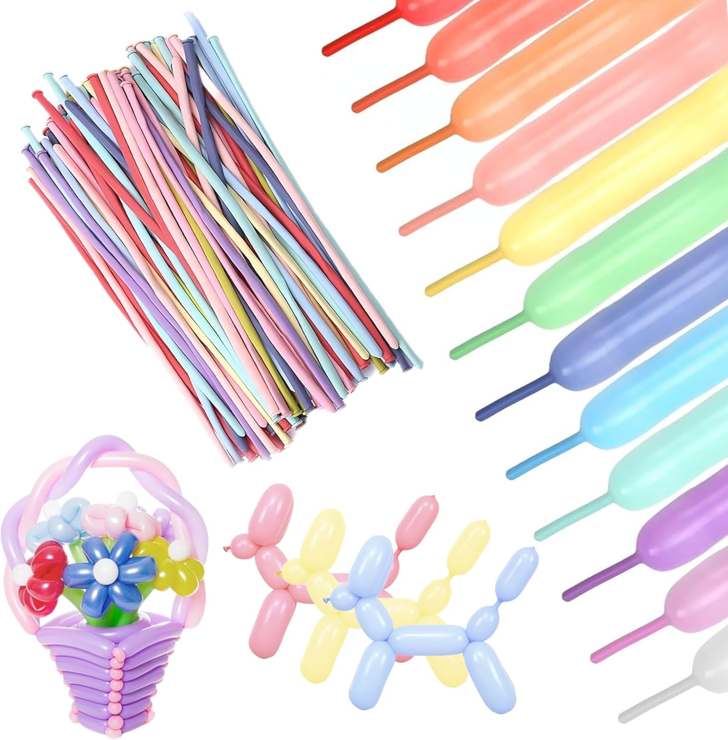 Lumjoy 100Pcs 260 Long Balloons Pastel Assorted Mixed Color Thickening Skinny Latex Twisting Animals Modeling Magic Balloons for Weddings Birthdays Clowns Christmas Party Garland Decorations image number 6