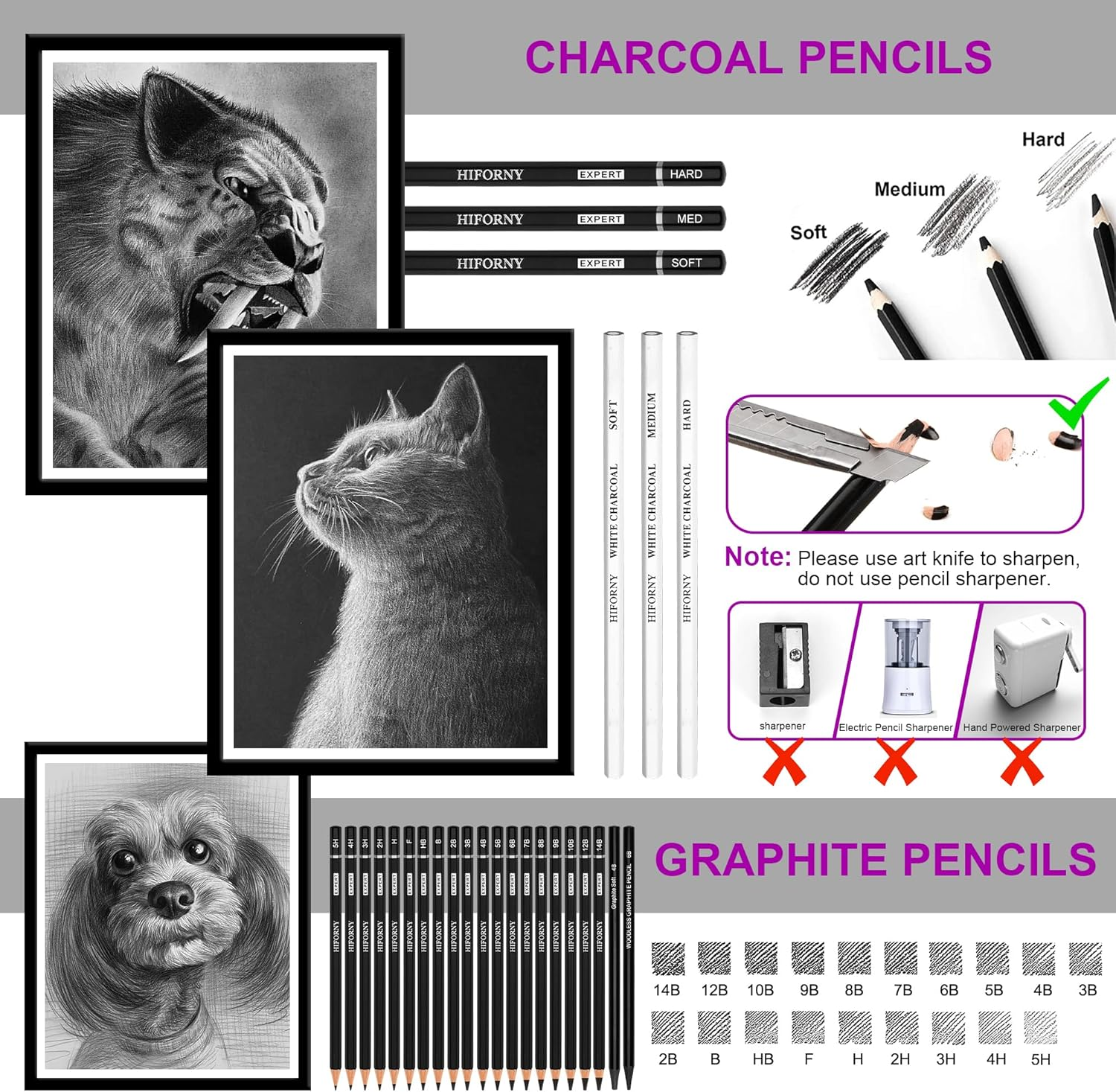 HIFORNY 60 Pcs Drawing Kit Sketching Pencil Set,Sketch Pencils Art Supplies with 3-Color Sketchbook,Graphite,Charcoal,Drawing Pencils for Adults Artists image number 1